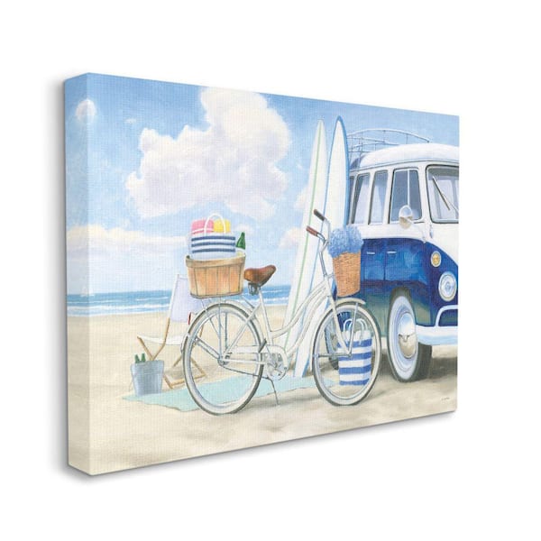 Stupell Industries Bike and Van Beach Nautical Blue White Painting By James Wiens Unframed Print Nature Wall Art 36 in. x 48 in.