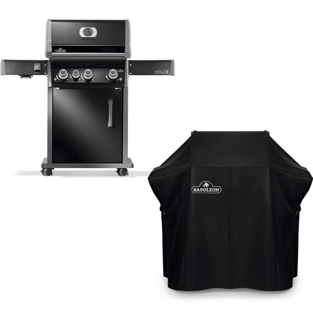 Rogue PRO 425 3-Burner Propane Gas Grill in Black with Infrared Side Burner with Grill Cover