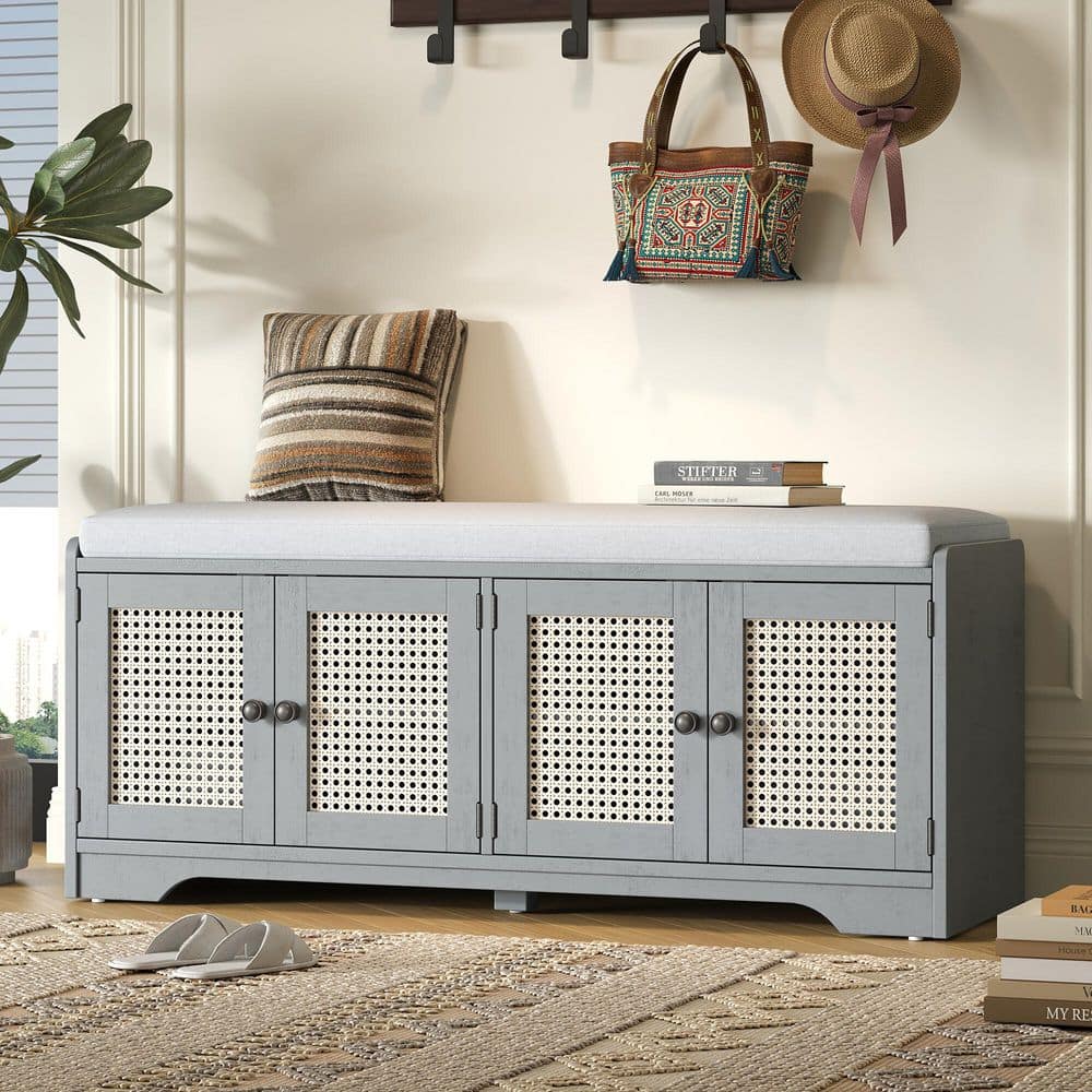 Grey Entry Bench Polibi 47.40 in. Gray Wash/Beige Entryway Bench with Removable Cushion ...