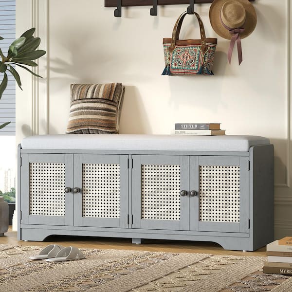 47.40 in. Gray Wash/Beige Entryway Bench with Removable Cushion, Woven Rattan Doors and Adjustable Shelves