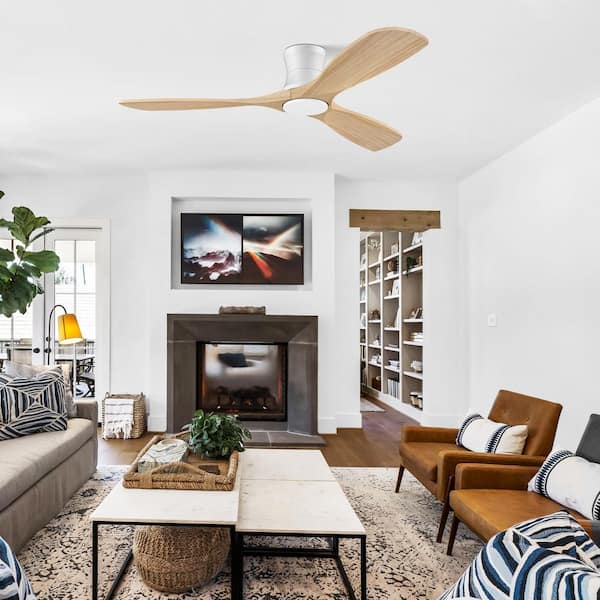 52 in. Wood Smart Outdoor Indoor White Flush Mount Ceiling Fans w/Lights Remote,WIFI Alexa App workable,Quiet DC Motor