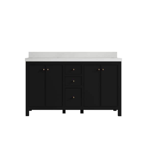 Willow Collections Chicago 60 in. W x 22 in. D x 36 in. H Double Sink Bath Vanity in Black with 2 in. Carrara Qt. Top