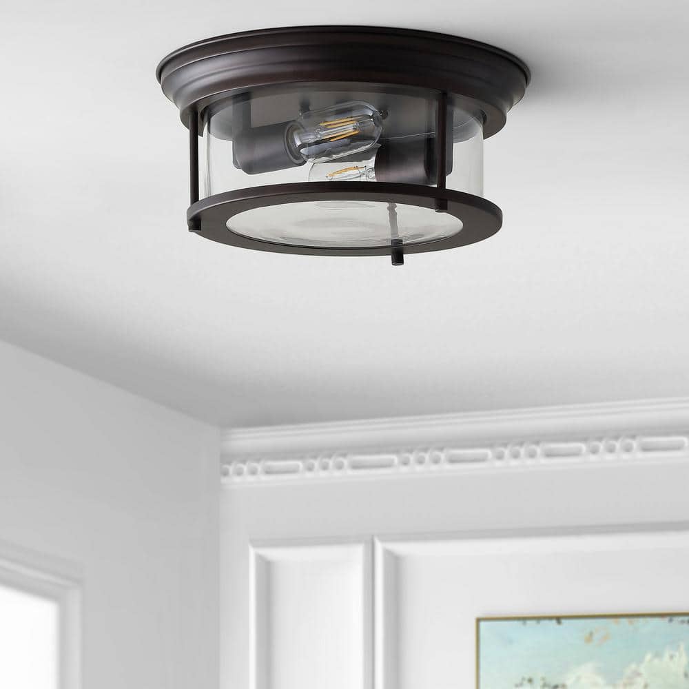 Elegant 13.25" Oil Rubbed Bronze Glass Drum Flush Mount LED Light