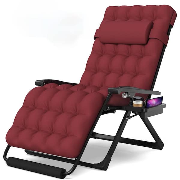 SEEUTEK Luna 33 in.W Oversized Zero Gravity Chair Metal Outdoor Chaise Lounge with Claret Removable Cushion and Headrest