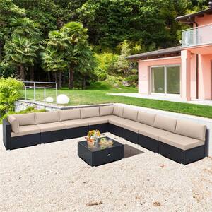 10-Piece Metal Wicker Outdoor Sectional Set with Beige Cushions Outdoor Wicker Sofa Table