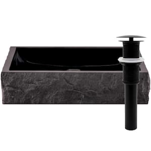 Square Black Granite Vessel Sink with Chiseled Exterior and Umbrella Drain in Matte Black