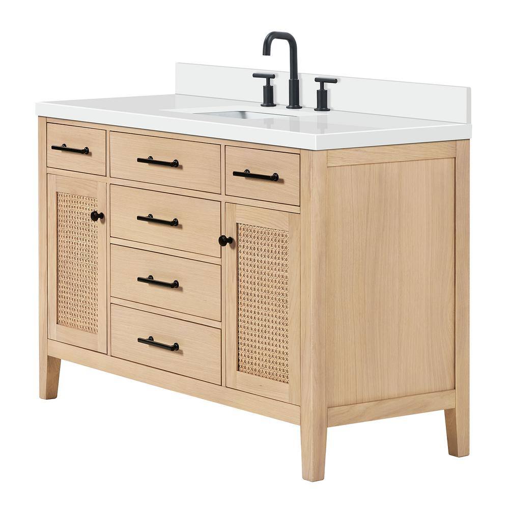 Camila 55" Light Brown Oak Freestanding Bathroom Vanity with White Quartz Top