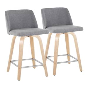 Toriano 24.25 in. Grey Fabric, Natural Wood and Chrome Metal Fixed-Height Counter Stool (Set of 2)