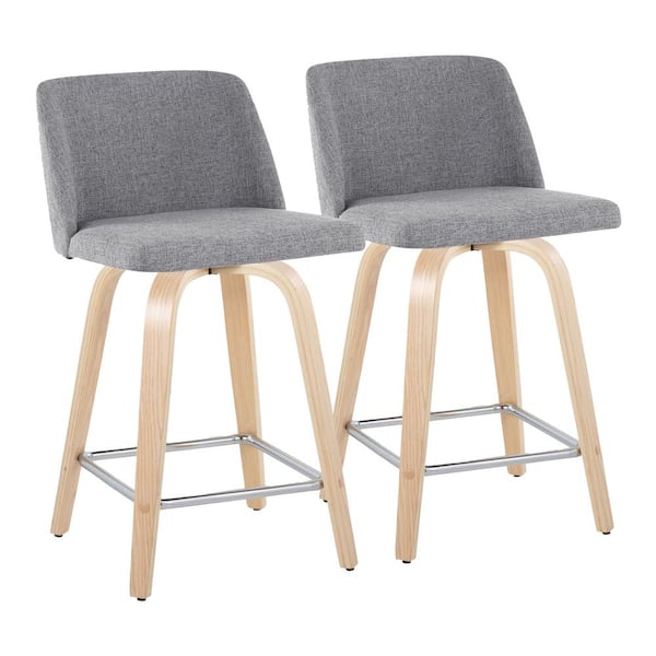 Lumisource Toriano 24.25 in. Grey Fabric, Natural Wood and Chrome Metal Fixed-Height Counter Stool (Set of 2)