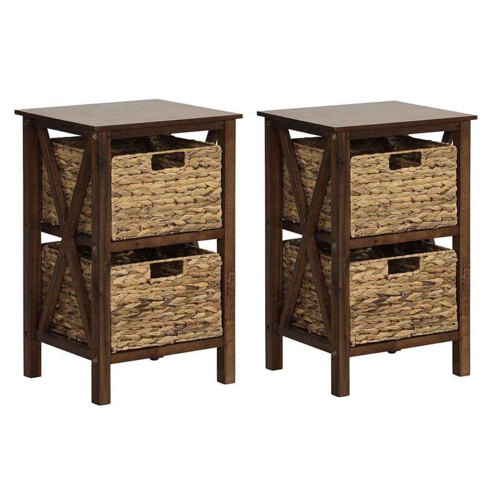 2-Pieces Walnut and Natural 22.5 in. H Storage Cabinet with 2 Seagrass Baskets Rubber Wood X-Shaped Frames 2-Drawers