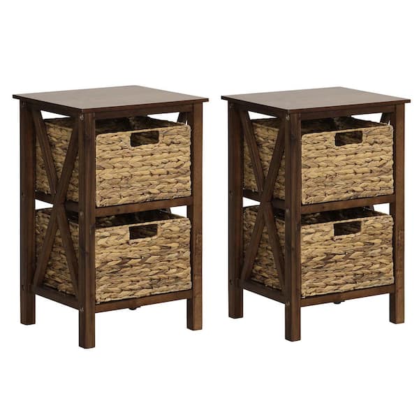 Costway 2-Pieces Walnut and Natural 22.5 in. H Storage Cabinet with 2 Seagrass Baskets Rubber Wood X-Shaped Frames 2-Drawers