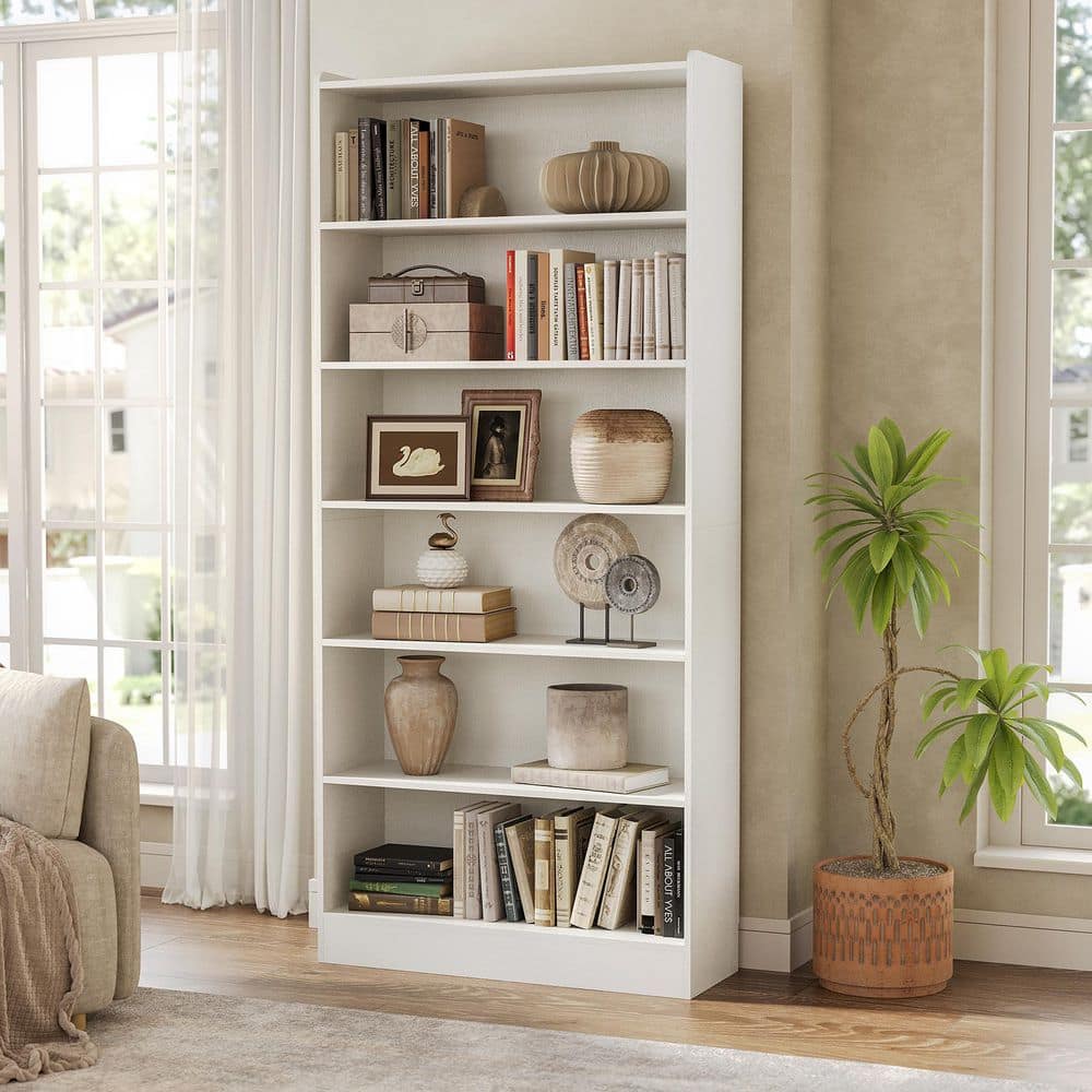 BYBLIGHT Eulas 78.74 in. Tall White Wood 7-Shelf Standard Bookcase