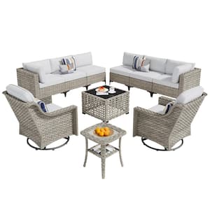 Thor 10-Piece Wicker Patio Conversation Seating Sofa Set with Gray Cushions and Swivel Rocking Chairs