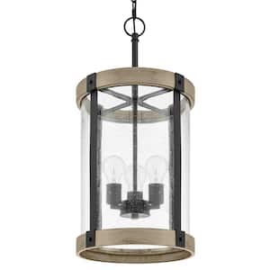 Richland 12-3/8 in. W 3-Light Grey Wood Finish Standard Cylinder Foyer Pendant with Clear Seedy Glass