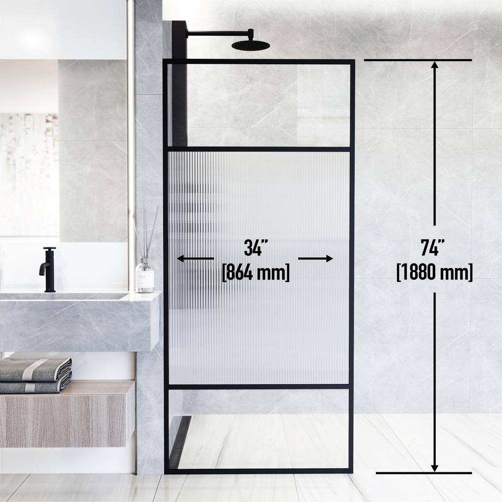 Essex Matte Black 34" x 74" Framed Fluted Glass Shower Screen