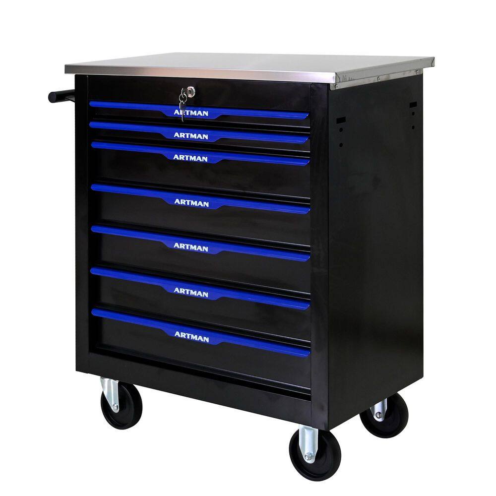 13.58 in. W 7 Drawer Rolling Metal Black Tool Cabinet with Lock, 4 Wheels Tool Carts with Workbench and Push Rod price history on PriceWatchPro