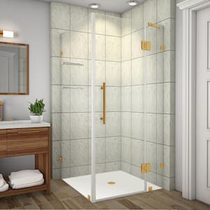 Avalux GS 32 in. x 30 in. x 72 in. Rectangular Pivot Frameless Corner Shower Enclosure in Brushed Gold with Clear Glass