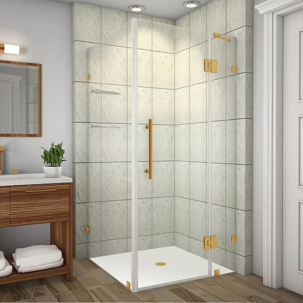 Aston Avalux GS 32 in. x 30 in. x 72 in. Rectangular Pivot Frameless Corner Shower Enclosure in Brushed Gold with Clear Glass