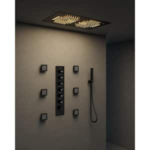 Thermostatic 63-Spray 28 x 16 in. Rectangle LED Mood Lighting Bluetooth Music Shower System with Valve in Matte Black