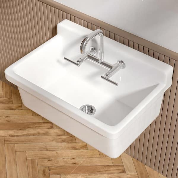 30 in. Farm Style Sink Wall Mount Single Bowl White Fireclay Farmhouse Kitchen Sink High Back Utility Sink Laundry Sink