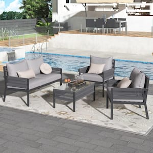 Gray 4-Piece Metal Frame Patio Conversation Set with Tempered Glass Table and Light Brown Cushions