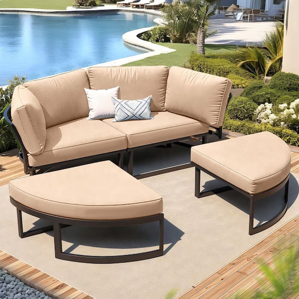 4-Pieces Metal Outdoor Patio Sectional Round Daybed Sofa with Beige Cushions