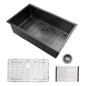 32 in. Undermount Single Bowl 16-Guage Gunmetal Black Bowl Stainless Steel Kitchen Sink with Bottom Grids