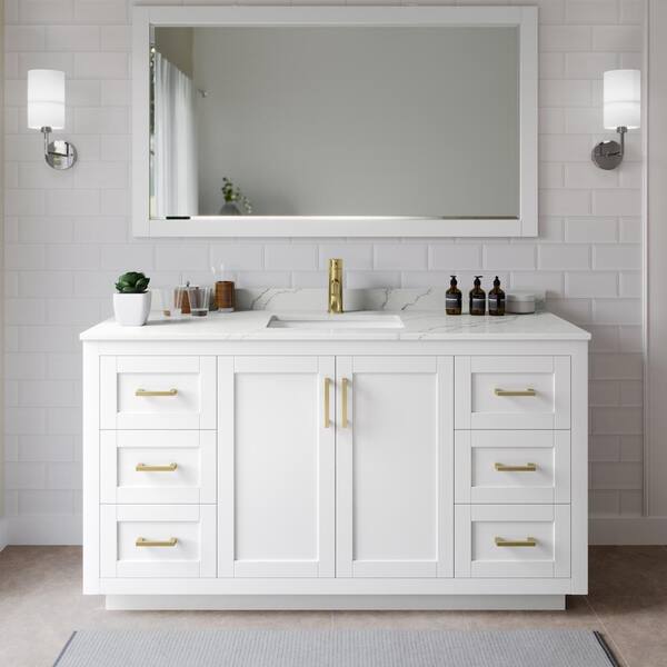 Wyndham Collection Miranda 66 in. W x 22 in. D x 33.75 in. H Single Bath Vanity in White with Giotto Quartz Top and 58 in. Mirror