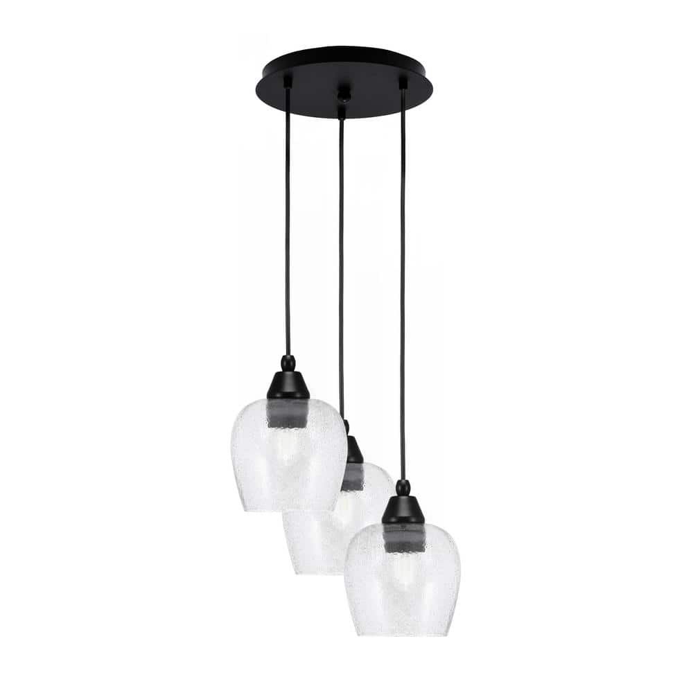 Savannah 9.75 in. 3-Light Matte Black Cord Pendant Light Smoke Bubble Glass