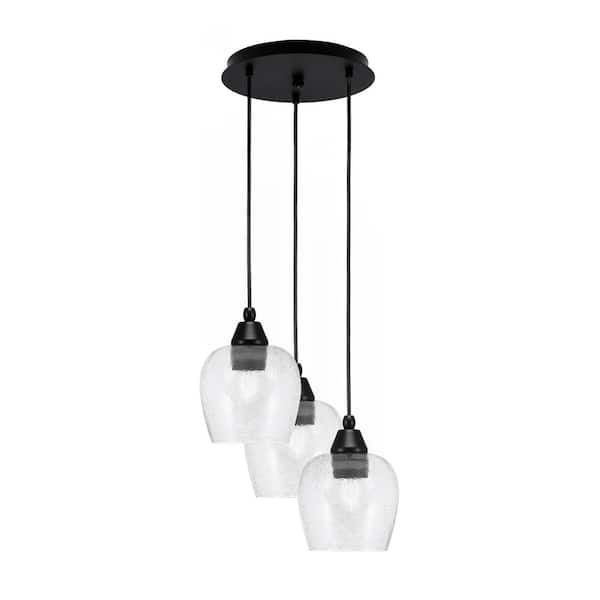 Savannah 9.75 in. 3-Light Matte Black Cord Pendant Light Smoke Bubble Glass Shade
