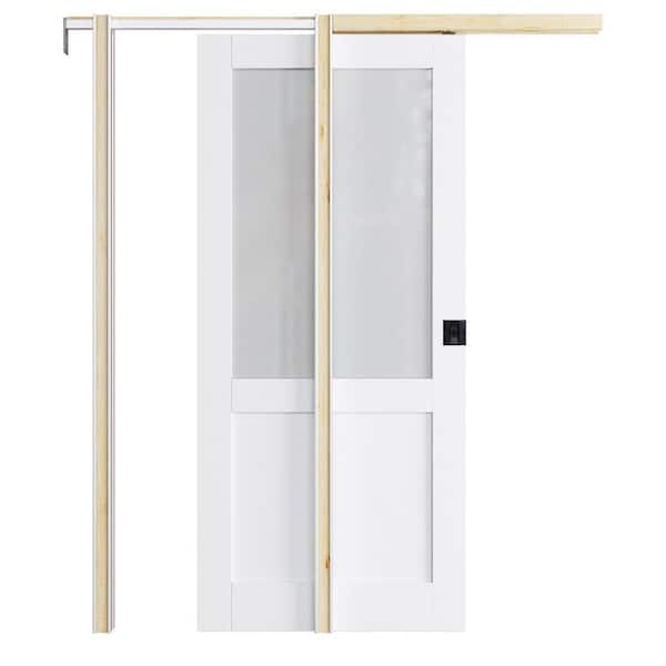 ARK DESIGN 36 in. x 80 in. 1/2 Frosted Glass White Primed Wood Pocket Door with Door Hardware Kit (Soft Close and Black Lock Incl)