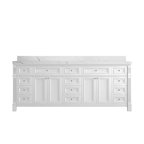 Willow Collections Paris 84 in. W x 22 in. D x 36 in. H Double Sink Bath Vanity in White with 2 in. Calacatta Laza qt. Top