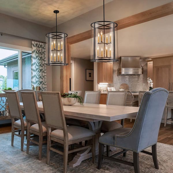 Dvorakova 17.72 in. 8-Light Black Tiered Chandelier Drum Pendant Light with Seedy Glass Shade