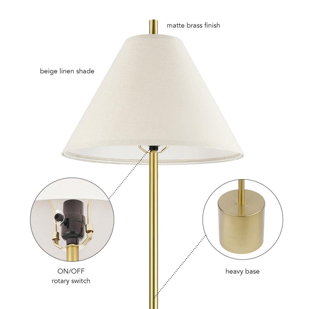 60" Matte Brass Floor Lamp with Beige Linen Shade