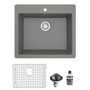 QT- 820 Quartz 25 in. Single Bowl Drop-In Kitchen Sink in Grey with Bottom Grid and Strainer