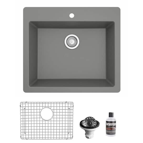 Karran QT- 820 Quartz/Granite 25 in. Single Bowl Drop-In Kitchen Sink in Grey with Bottom Grid and Strainer