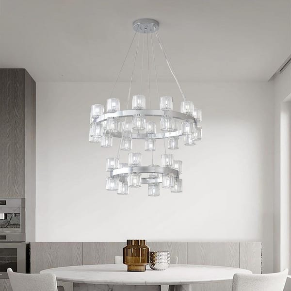 Modern 36-Light Chrome Finish 2-Tier Wagon Wheel Chandelier with Clear Cystal Shades with bulbs included