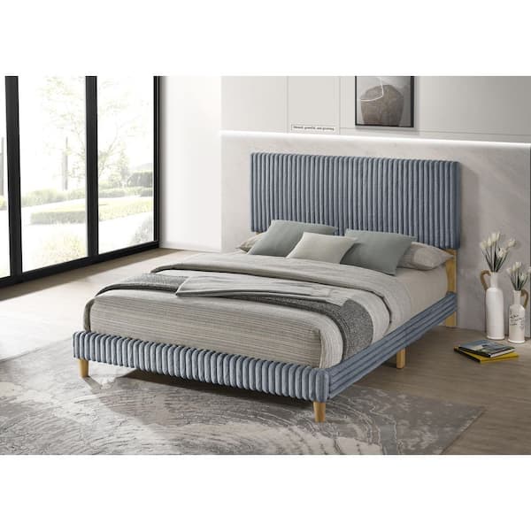 Rowe Gray Color Wood Frame Corduroy Fabric Twin Size Panel Bed With Natural Wood Color Legs