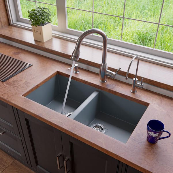 ALFI BRAND Undermount Granite Composite 33.88 in. 50/50 Double Bowl Kitchen Sink in Titanium