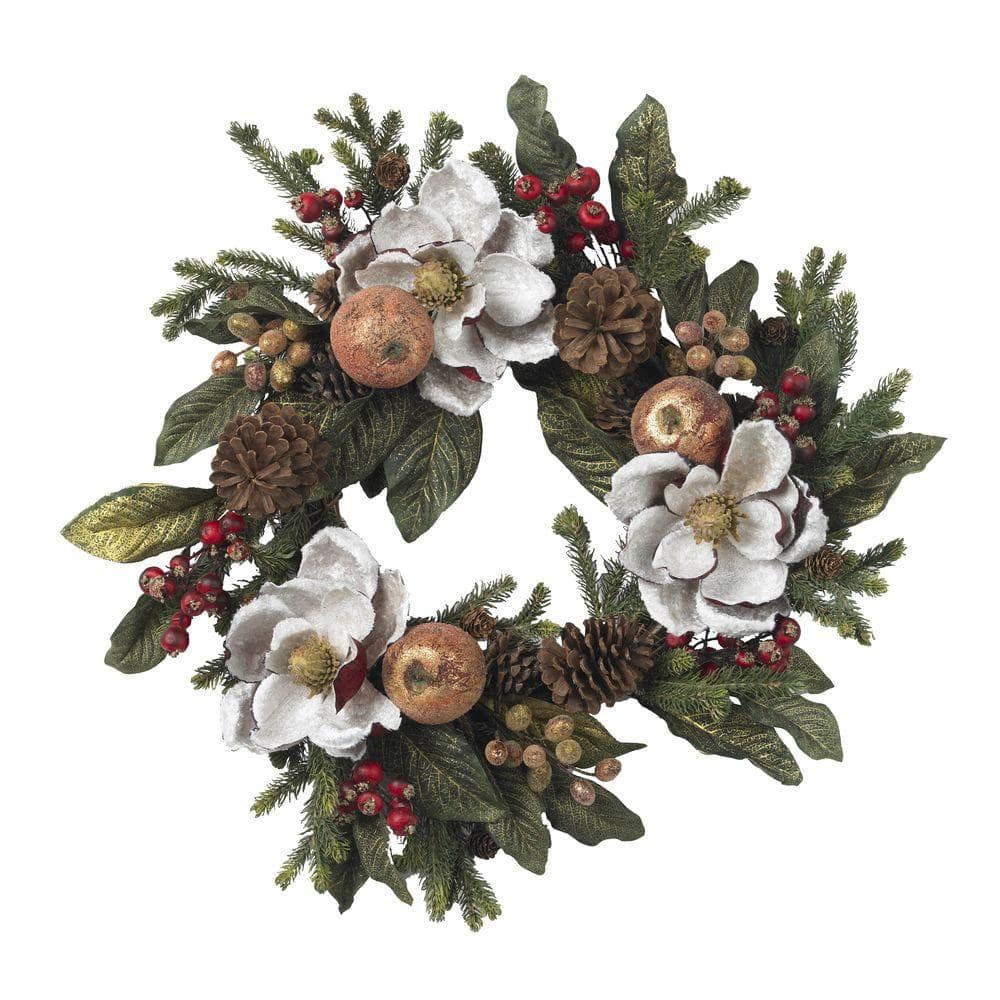 Nearly Natural 24 in. Artificial Wreath with Magnolia Pinecone and Berry