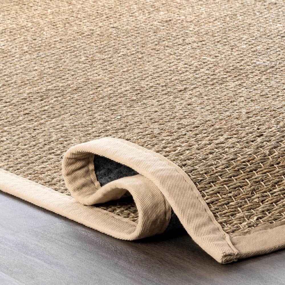 Beige Seagrass 8' Square Area Rug with Cotton Border