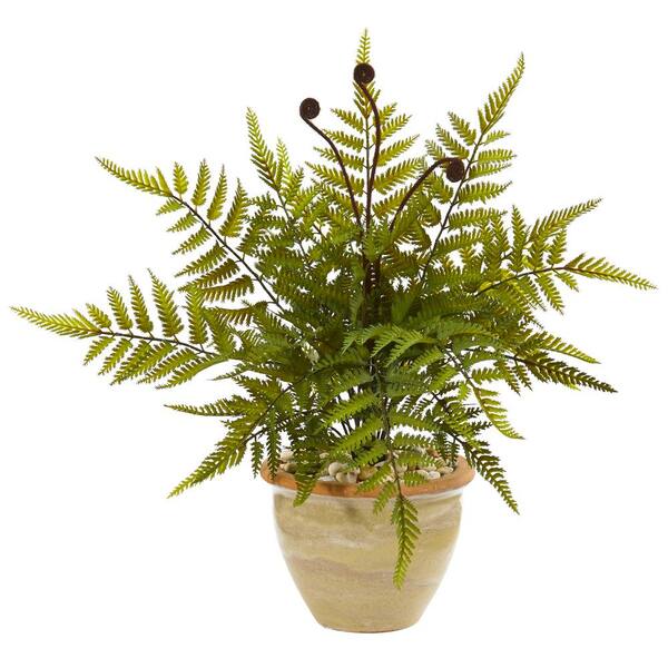 Nearly Natural 18 in. Fern Artificial Plant in Ceramic Planter