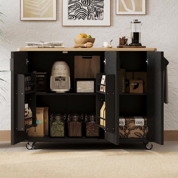 Black MDF Wood 51.3 in. Kitchen Island with Drop Leaf and Internal Storage Rack