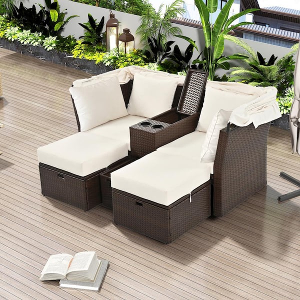 Sudzendf 2-Seater Brown Wicker Outdoor Day Bed with Beige Cushions, Foldable Awning