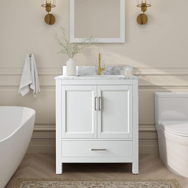 SJ STAR&JANE Kiele 30 in. W x 22 in. D x 34 in. H Bath Vanity in White with White Carrara Marble Top with Basin