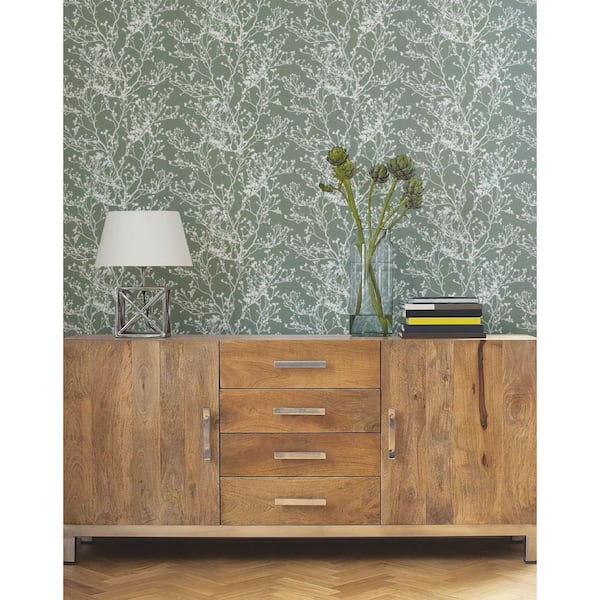 Ronald Redding Green Budding Branch Silhouette Paper Unpasted Matte Wallpaper 27 in. x 27 ft.