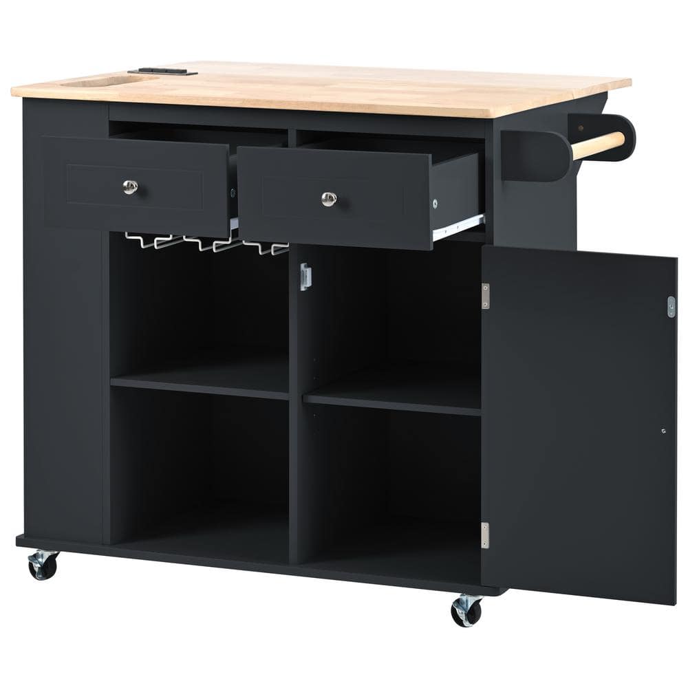 tunuo Black Rubber Wood 40 in. Kitchen Island with Drawers and Power Outlet, MDF Kitchen Island with Wine Rack and Drop Leaf