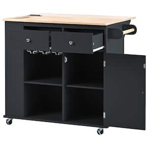 Black Rubber Wood 40 in. Kitchen Island with Drawers and Power Outlet, MDF Kitchen Island with Wine Rack and Drop Leaf