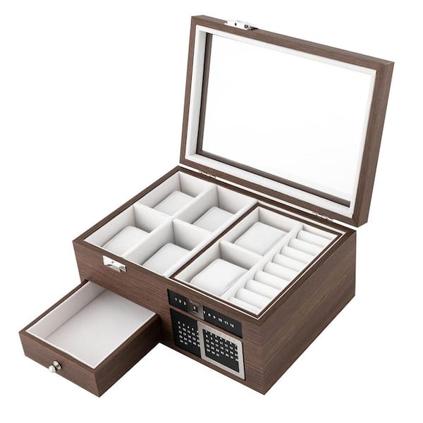 Tie Box Storage Case Organizer in Wood Glass Lid Valet - 12 Compartments