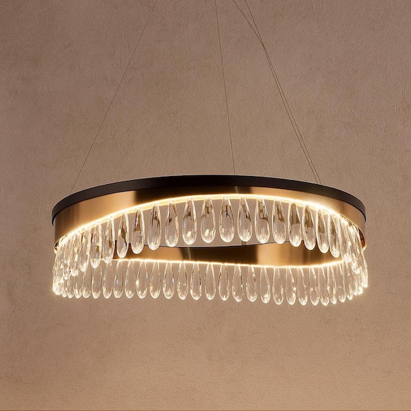 Delphinium 1-Light Dimmable Integrated LED Matte Black and Plating Brass Crystal Round Chandelier for Living Room